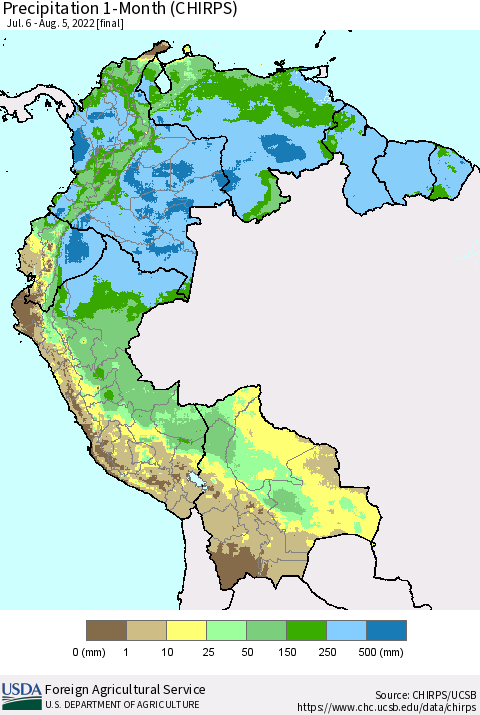 Northern South America Precipitation 1-Month (CHIRPS) Thematic Map For 7/6/2022 - 8/5/2022
