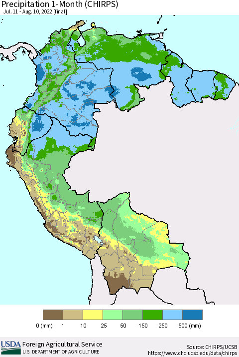 Northern South America Precipitation 1-Month (CHIRPS) Thematic Map For 7/11/2022 - 8/10/2022