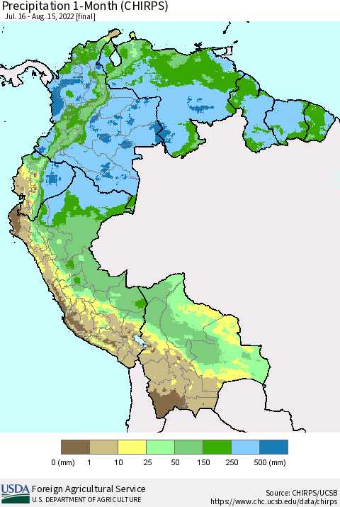 Northern South America Precipitation 1-Month (CHIRPS) Thematic Map For 7/16/2022 - 8/15/2022