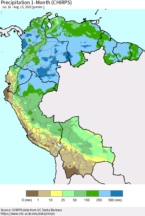 Northern South America Precipitation 1-Month (CHIRPS) Thematic Map For 7/16/2022 - 8/15/2022
