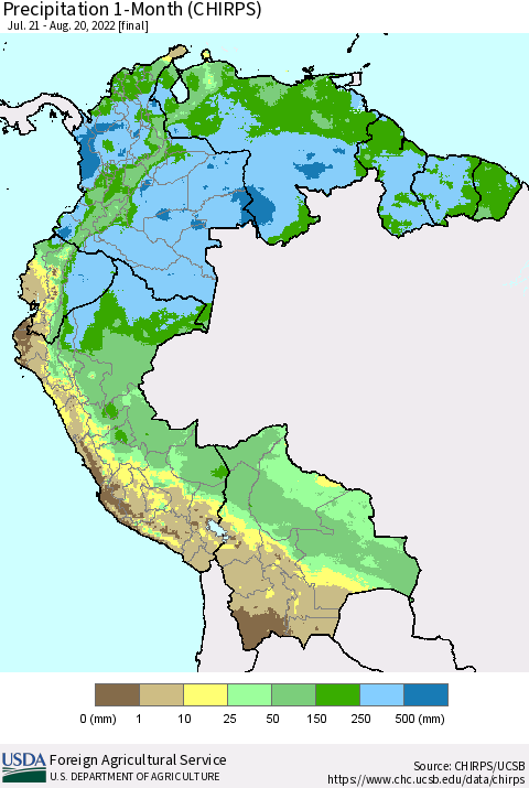 Northern South America Precipitation 1-Month (CHIRPS) Thematic Map For 7/21/2022 - 8/20/2022