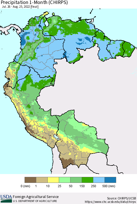 Northern South America Precipitation 1-Month (CHIRPS) Thematic Map For 7/26/2022 - 8/25/2022