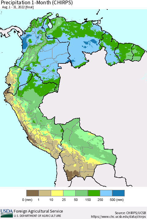 Northern South America Precipitation 1-Month (CHIRPS) Thematic Map For 8/1/2022 - 8/31/2022