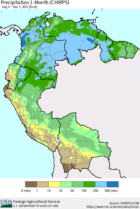 Northern South America Precipitation 1-Month (CHIRPS) Thematic Map For 8/6/2022 - 9/5/2022