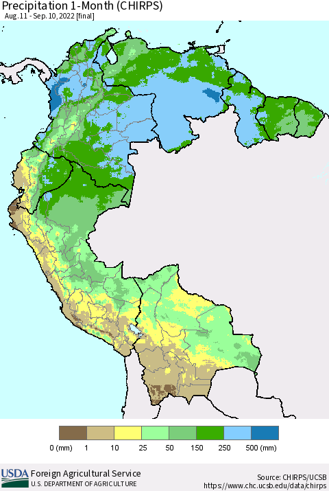 Northern South America Precipitation 1-Month (CHIRPS) Thematic Map For 8/11/2022 - 9/10/2022