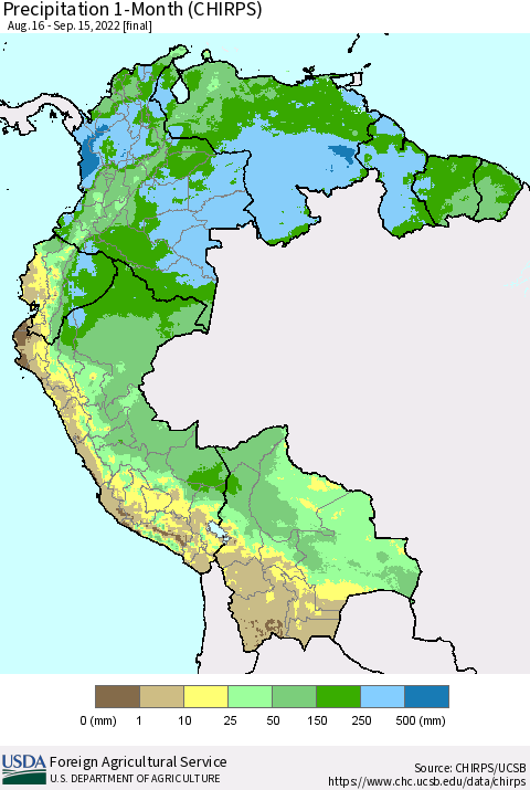 Northern South America Precipitation 1-Month (CHIRPS) Thematic Map For 8/16/2022 - 9/15/2022
