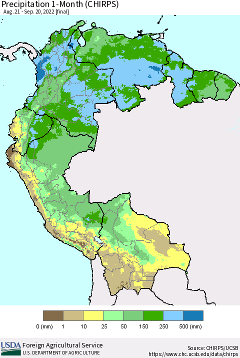 Northern South America Precipitation 1-Month (CHIRPS) Thematic Map For 8/21/2022 - 9/20/2022