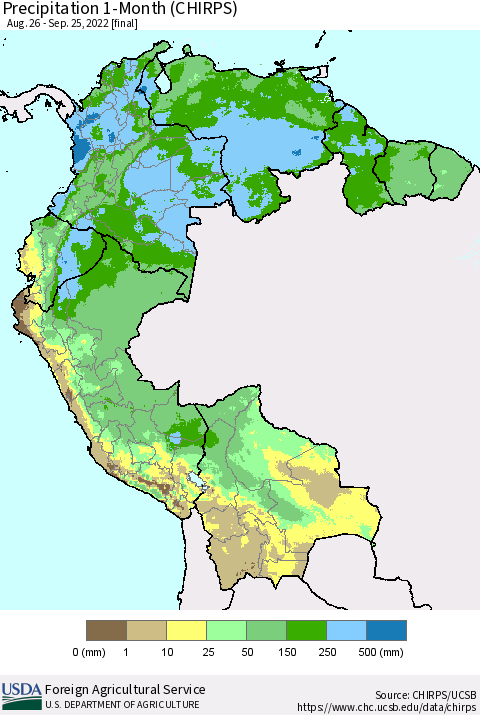 Northern South America Precipitation 1-Month (CHIRPS) Thematic Map For 8/26/2022 - 9/25/2022