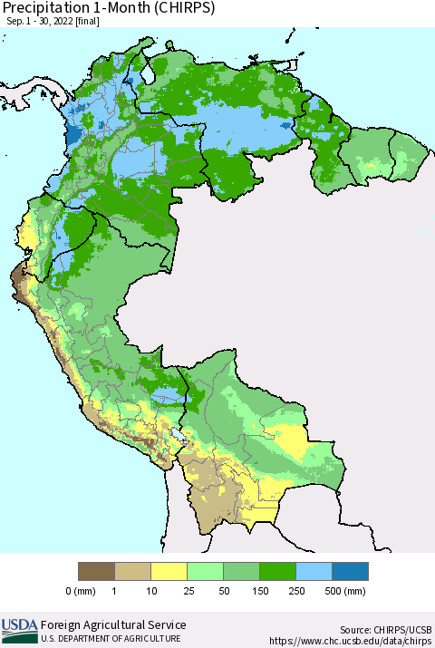 Northern South America Precipitation 1-Month (CHIRPS) Thematic Map For 9/1/2022 - 9/30/2022
