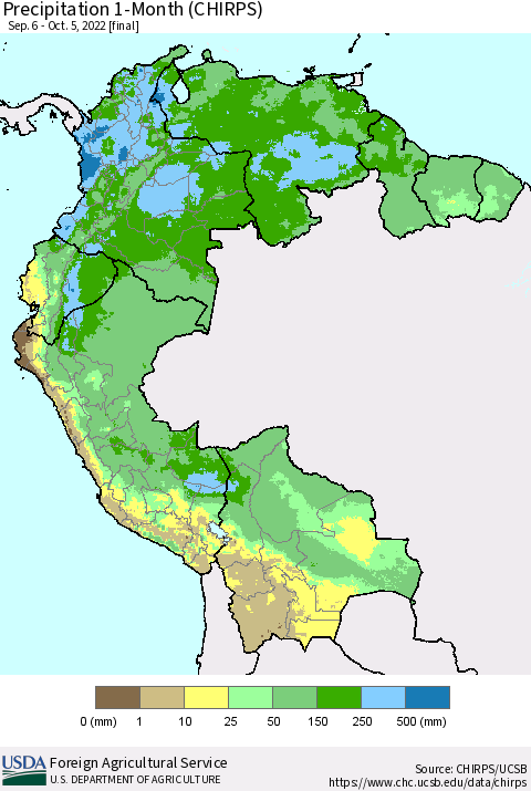 Northern South America Precipitation 1-Month (CHIRPS) Thematic Map For 9/6/2022 - 10/5/2022