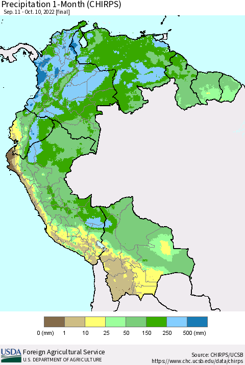 Northern South America Precipitation 1-Month (CHIRPS) Thematic Map For 9/11/2022 - 10/10/2022