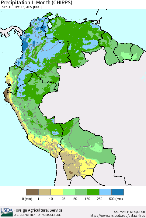 Northern South America Precipitation 1-Month (CHIRPS) Thematic Map For 9/16/2022 - 10/15/2022
