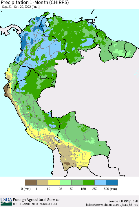 Northern South America Precipitation 1-Month (CHIRPS) Thematic Map For 9/21/2022 - 10/20/2022