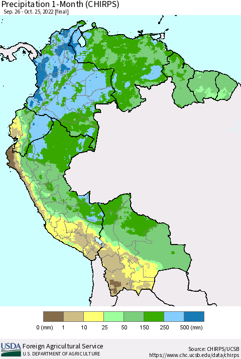Northern South America Precipitation 1-Month (CHIRPS) Thematic Map For 9/26/2022 - 10/25/2022