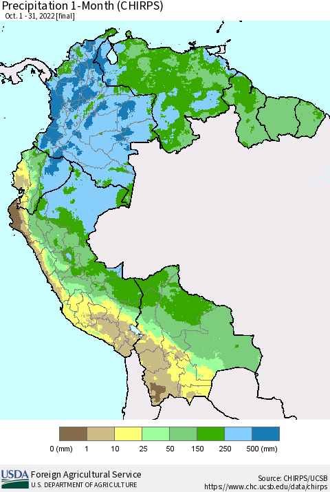 Northern South America Precipitation 1-Month (CHIRPS) Thematic Map For 10/1/2022 - 10/31/2022