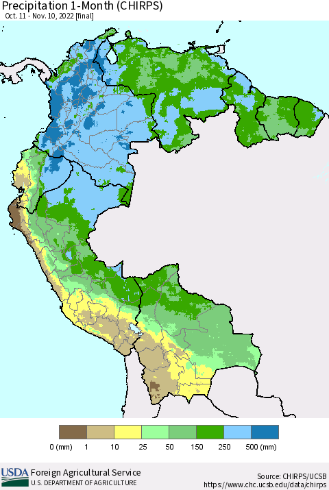 Northern South America Precipitation 1-Month (CHIRPS) Thematic Map For 10/11/2022 - 11/10/2022
