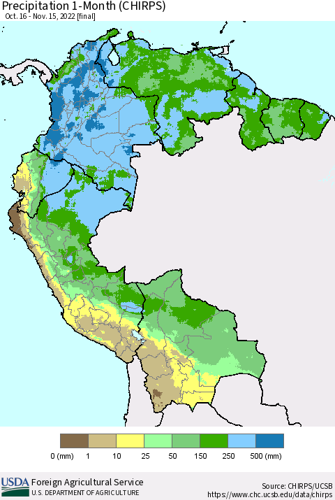 Northern South America Precipitation 1-Month (CHIRPS) Thematic Map For 10/16/2022 - 11/15/2022