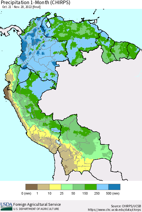 Northern South America Precipitation 1-Month (CHIRPS) Thematic Map For 10/21/2022 - 11/20/2022