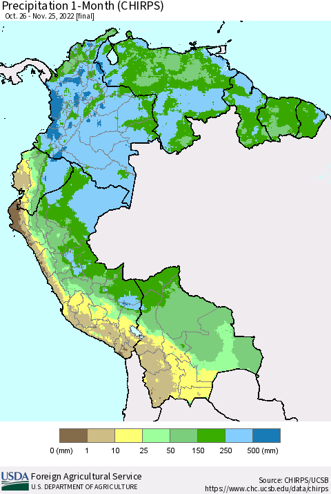 Northern South America Precipitation 1-Month (CHIRPS) Thematic Map For 10/26/2022 - 11/25/2022