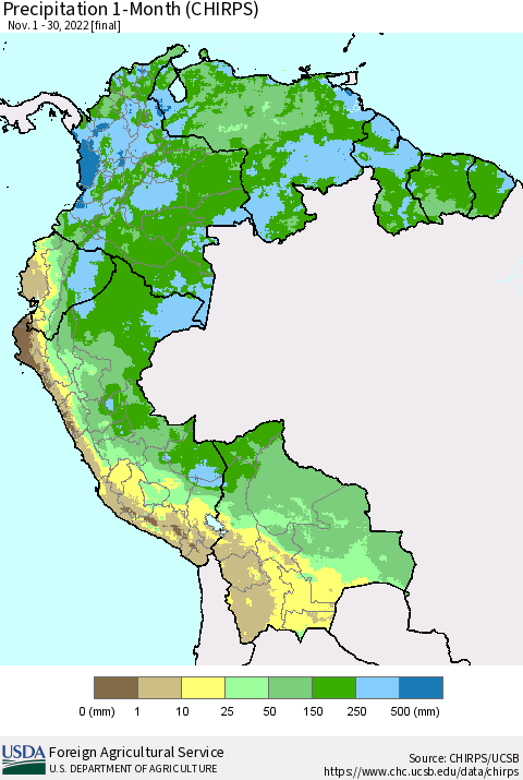 Northern South America Precipitation 1-Month (CHIRPS) Thematic Map For 11/1/2022 - 11/30/2022