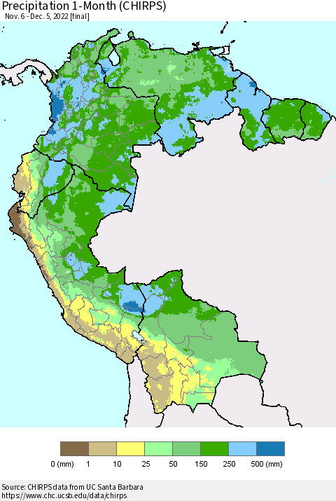 Northern South America Precipitation 1-Month (CHIRPS) Thematic Map For 11/6/2022 - 12/5/2022
