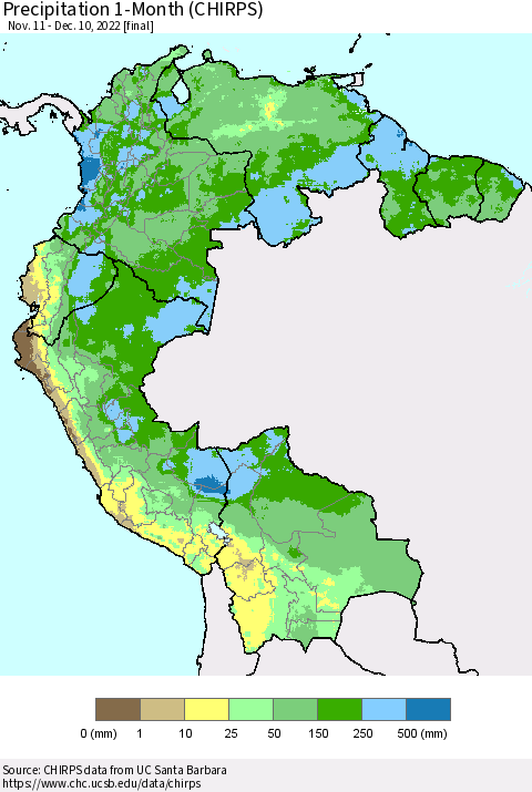Northern South America Precipitation 1-Month (CHIRPS) Thematic Map For 11/11/2022 - 12/10/2022
