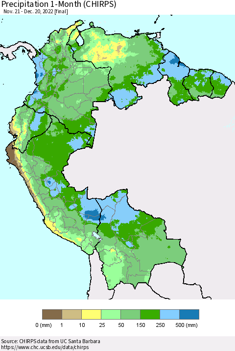 Northern South America Precipitation 1-Month (CHIRPS) Thematic Map For 11/21/2022 - 12/20/2022