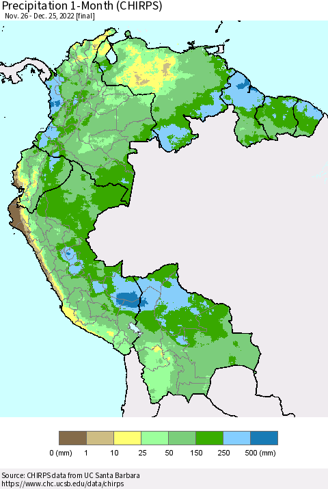 Northern South America Precipitation 1-Month (CHIRPS) Thematic Map For 11/26/2022 - 12/25/2022