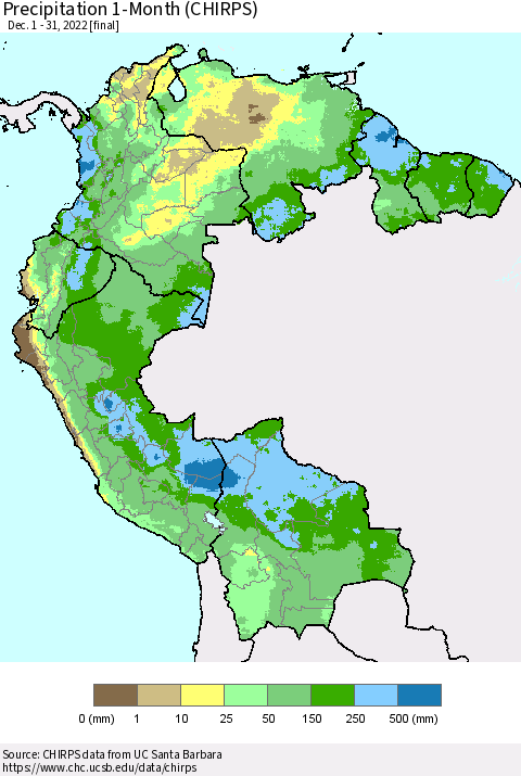 Northern South America Precipitation 1-Month (CHIRPS) Thematic Map For 12/1/2022 - 12/31/2022