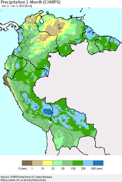 Northern South America Precipitation 1-Month (CHIRPS) Thematic Map For 12/6/2022 - 1/5/2023