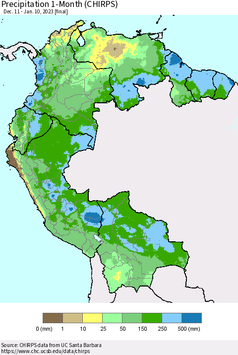 Northern South America Precipitation 1-Month (CHIRPS) Thematic Map For 12/11/2022 - 1/10/2023