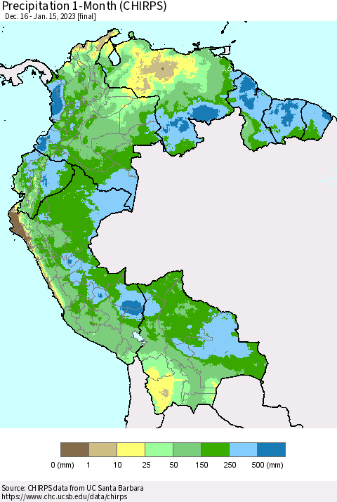 Northern South America Precipitation 1-Month (CHIRPS) Thematic Map For 12/16/2022 - 1/15/2023
