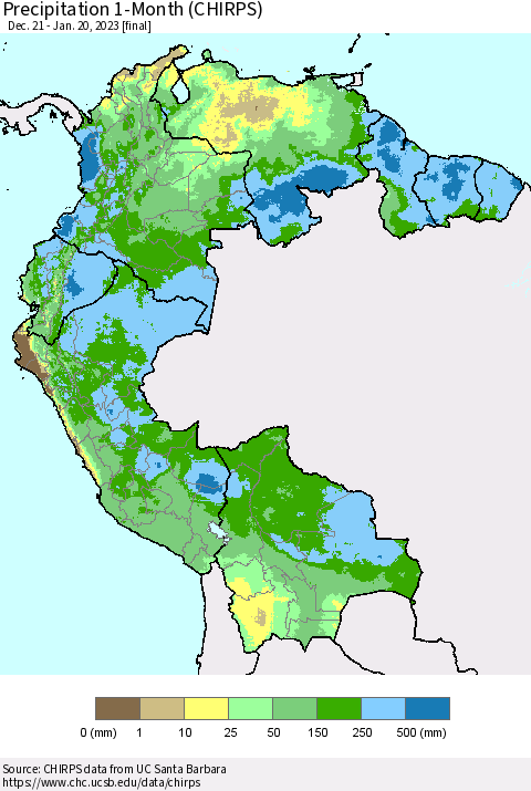 Northern South America Precipitation 1-Month (CHIRPS) Thematic Map For 12/21/2022 - 1/20/2023