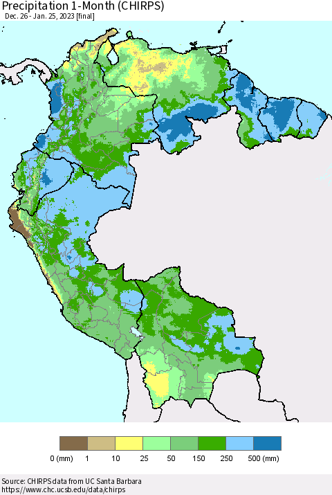 Northern South America Precipitation 1-Month (CHIRPS) Thematic Map For 12/26/2022 - 1/25/2023