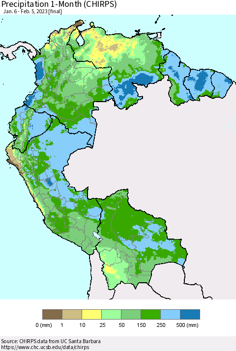 Northern South America Precipitation 1-Month (CHIRPS) Thematic Map For 1/6/2023 - 2/5/2023