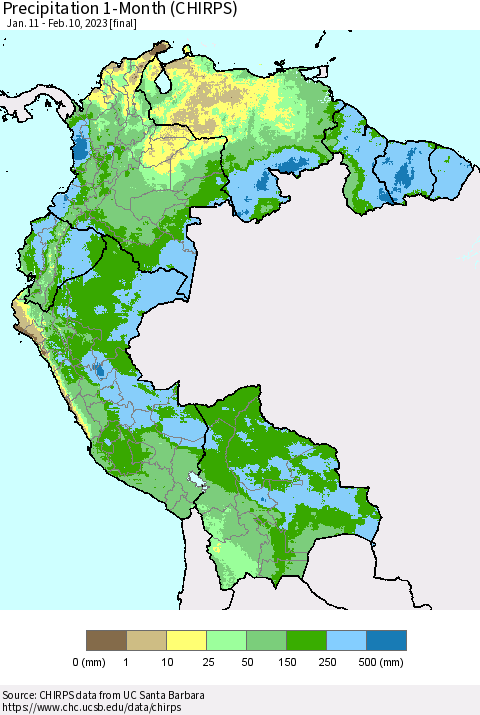 Northern South America Precipitation 1-Month (CHIRPS) Thematic Map For 1/11/2023 - 2/10/2023