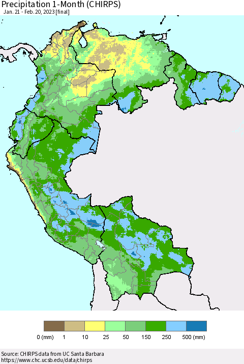 Northern South America Precipitation 1-Month (CHIRPS) Thematic Map For 1/21/2023 - 2/20/2023