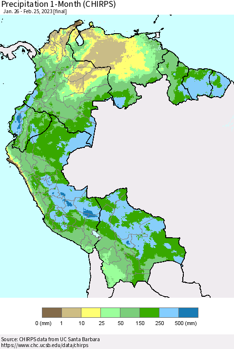Northern South America Precipitation 1-Month (CHIRPS) Thematic Map For 1/26/2023 - 2/25/2023