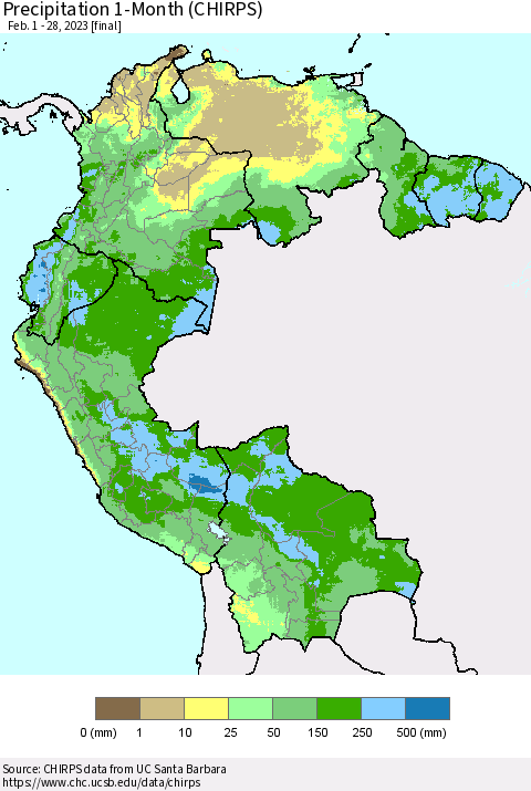 Northern South America Precipitation 1-Month (CHIRPS) Thematic Map For 2/1/2023 - 2/28/2023