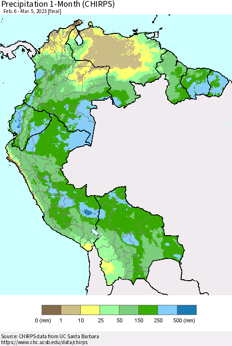 Northern South America Precipitation 1-Month (CHIRPS) Thematic Map For 2/6/2023 - 3/5/2023