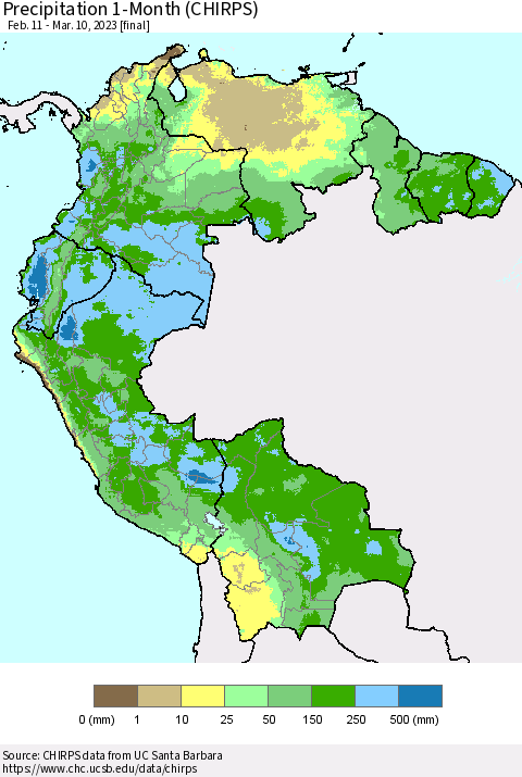 Northern South America Precipitation 1-Month (CHIRPS) Thematic Map For 2/11/2023 - 3/10/2023