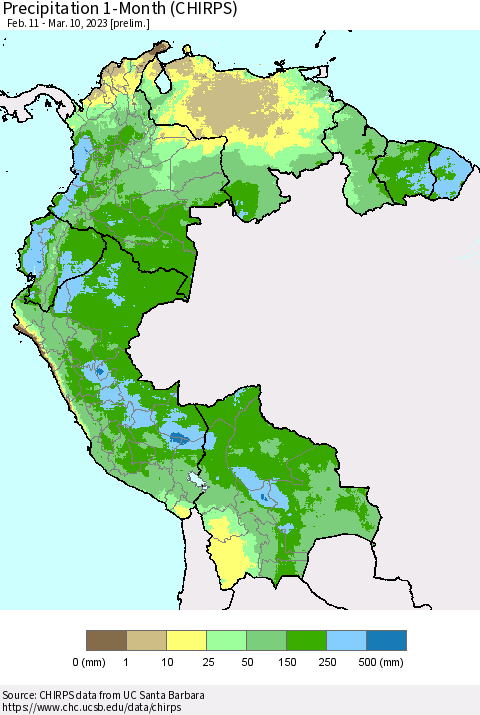 Northern South America Precipitation 1-Month (CHIRPS) Thematic Map For 2/11/2023 - 3/10/2023