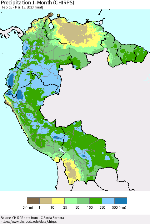 Northern South America Precipitation 1-Month (CHIRPS) Thematic Map For 2/16/2023 - 3/15/2023