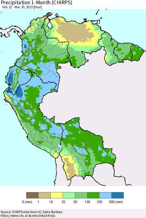 Northern South America Precipitation 1-Month (CHIRPS) Thematic Map For 2/21/2023 - 3/20/2023