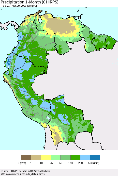 Northern South America Precipitation 1-Month (CHIRPS) Thematic Map For 2/21/2023 - 3/20/2023