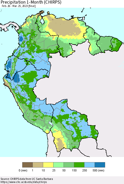 Northern South America Precipitation 1-Month (CHIRPS) Thematic Map For 2/26/2023 - 3/25/2023