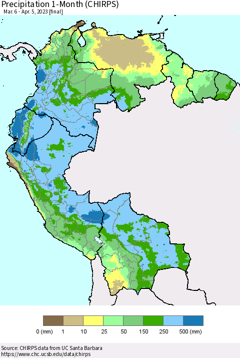 Northern South America Precipitation 1-Month (CHIRPS) Thematic Map For 3/6/2023 - 4/5/2023