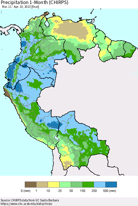 Northern South America Precipitation 1-Month (CHIRPS) Thematic Map For 3/11/2023 - 4/10/2023