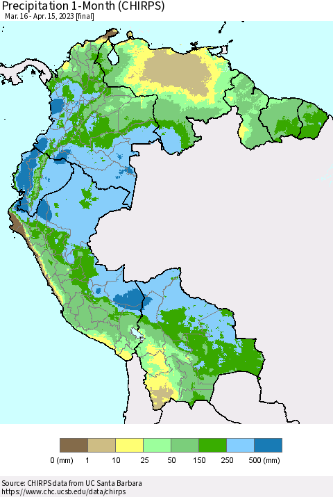 Northern South America Precipitation 1-Month (CHIRPS) Thematic Map For 3/16/2023 - 4/15/2023
