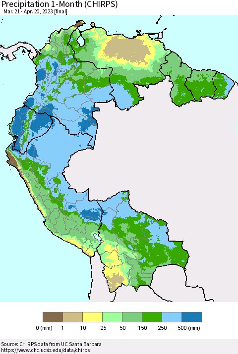 Northern South America Precipitation 1-Month (CHIRPS) Thematic Map For 3/21/2023 - 4/20/2023